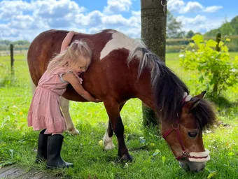 Twee ruiters trainen grondwerk en coördinatie met hun paarden in een buitenrijbaan omgeven door groen.